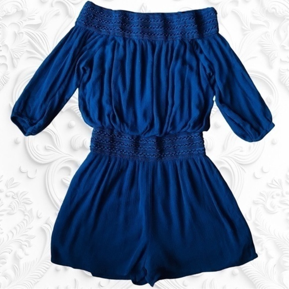 Romper In Deep Blue Off Shoulder With Optional Straps And Crochet Detail Size M - Picture 1 of 5